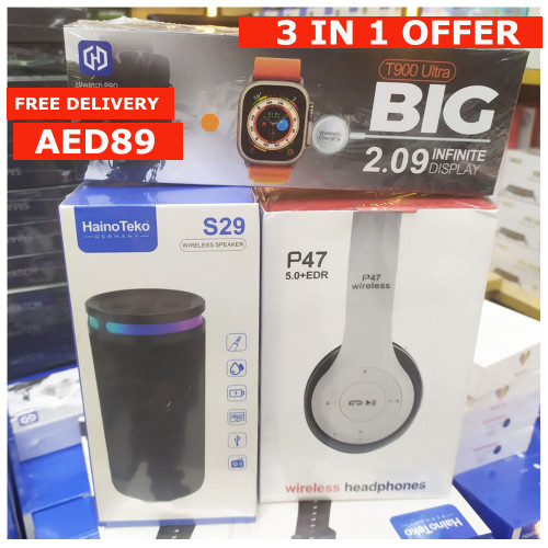 Haino Teko Germany Wireless Speaker s29 + T900 Ultra Smartwatch + P47 Wireless Headset  Haino Teko Germany Wireless Speaker s29 + T900 Ultra Smartwatch + P47 Wireless Headset Price In UAE