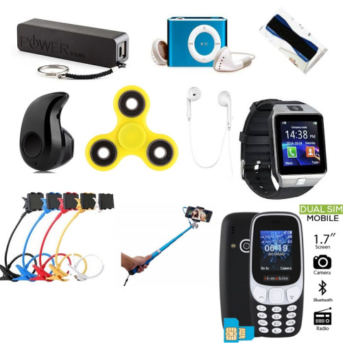 Bundle 10 In 1 Offer.Hmobile 3310+Grip+Smartwatch with sim+powerbank+spinner+Mp3+Mobilestand+Bluetooth Headset+Sports Bluetooth Headset + Selfie Stick