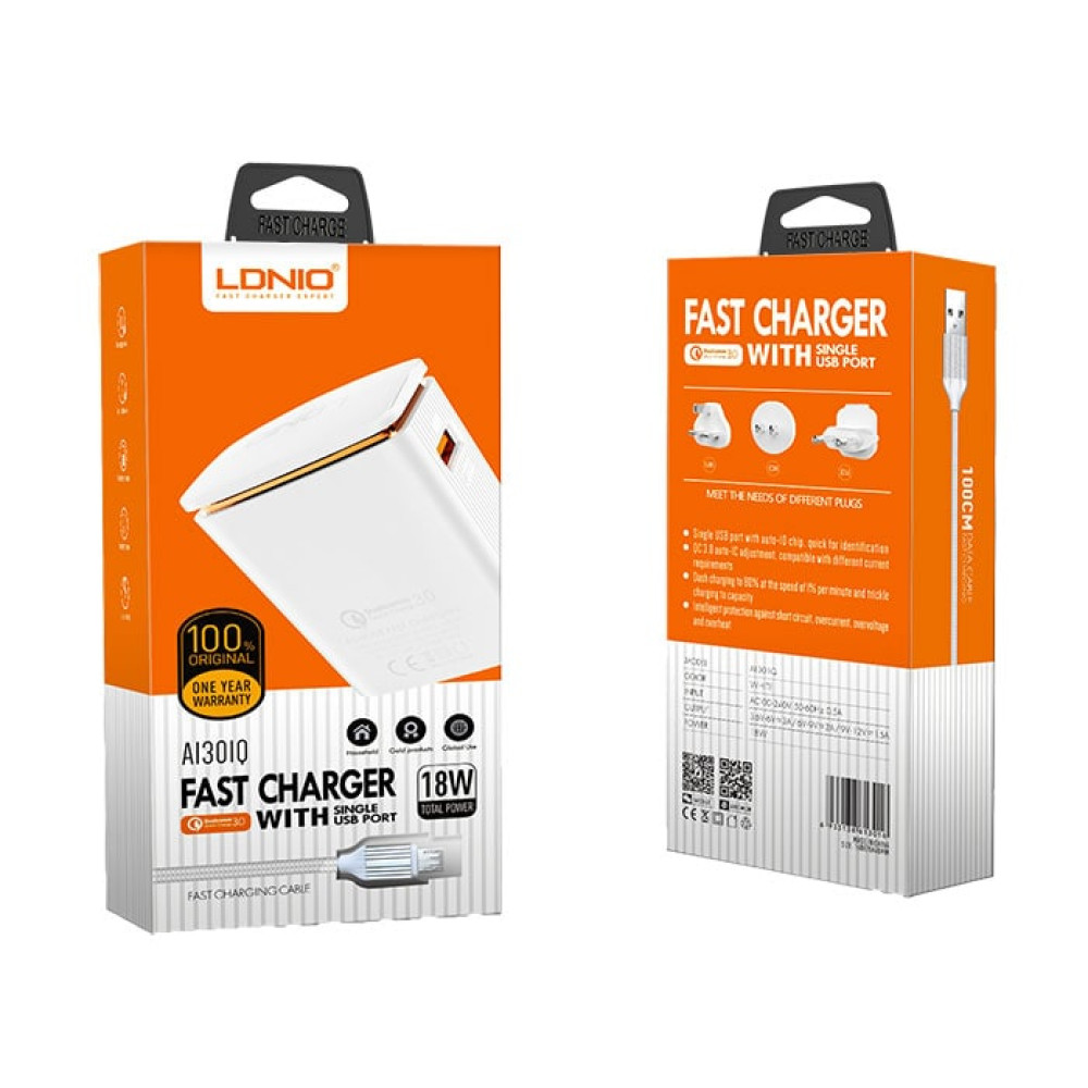 LDNIO A1301Q Fast Charge 3.0 18W, Quick, Travel, Wall,Home Charger 